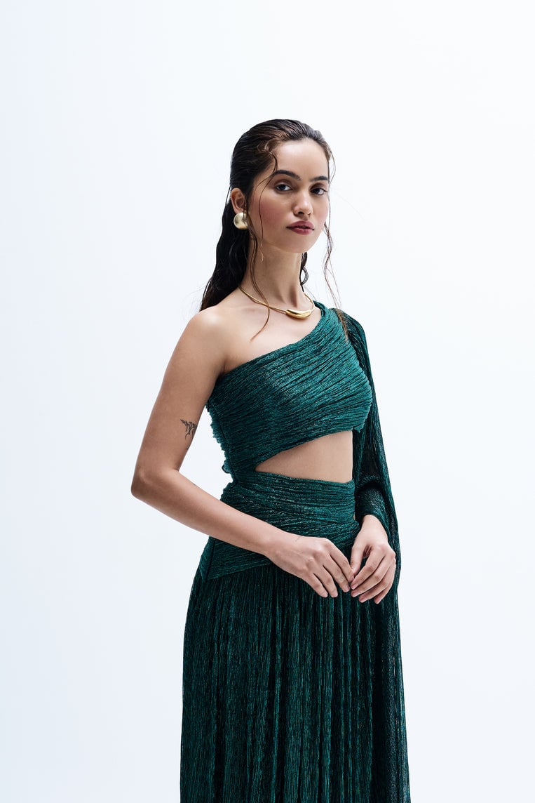 Green One-Shoulder Metallic Maxi Gown with Draped Sleeve