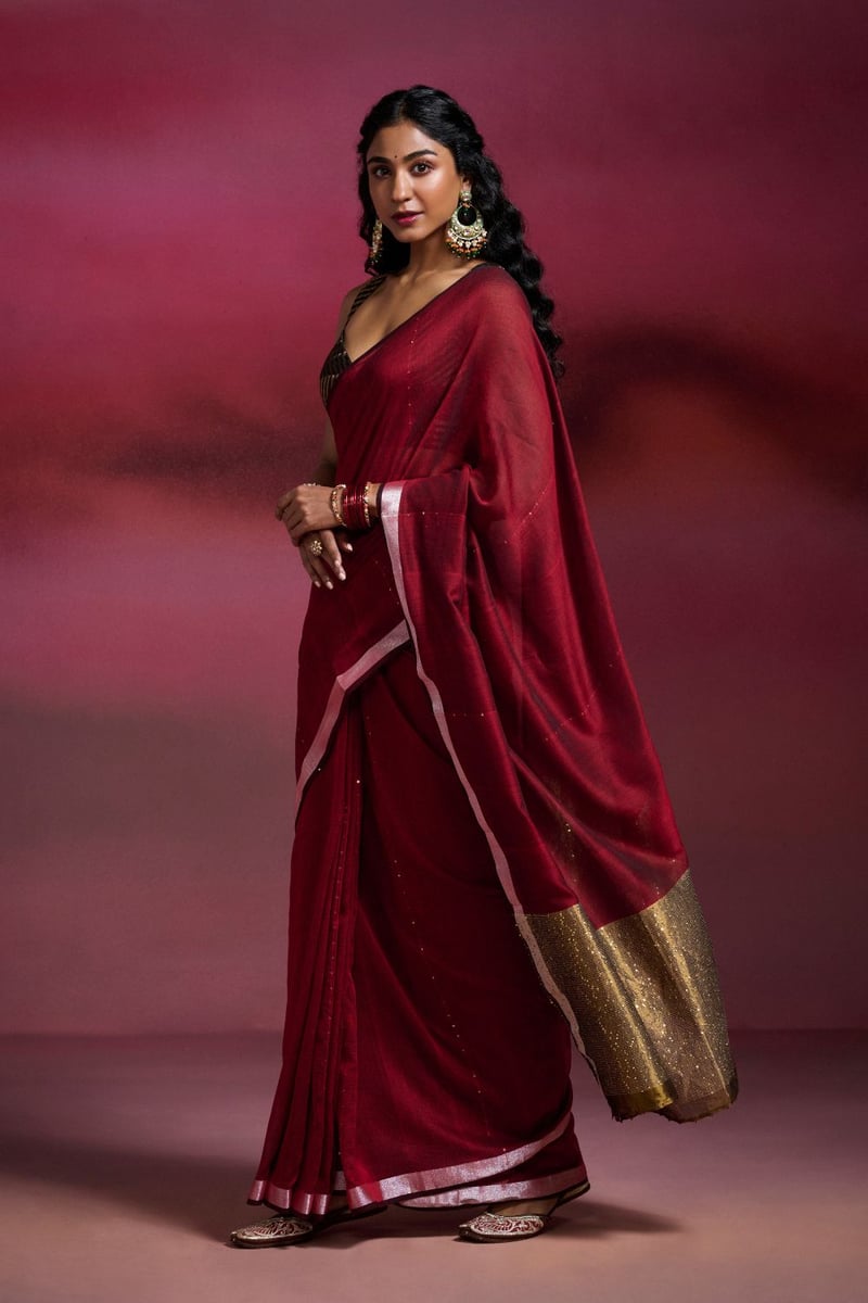 Maroon Cotton Sequin Saree with Zari Border and Gold Pallu