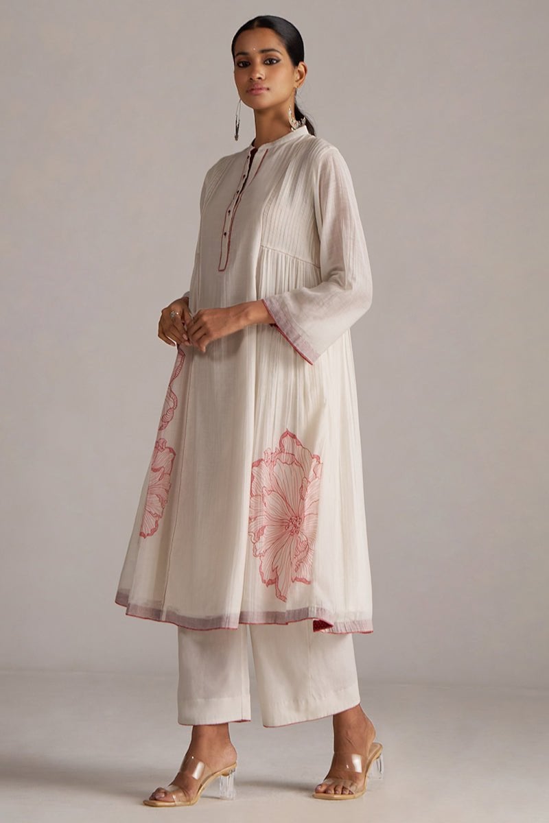 Ivory and Maroon Chanderi Floral Print A-Line Kurta Set