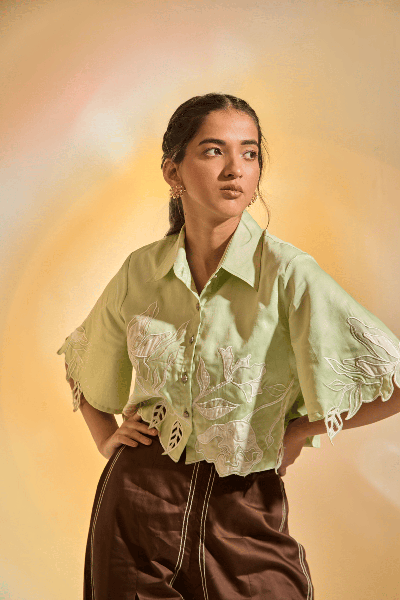 Green Cropped Cotton Satin Shirt with Embroidery and Cutwork — An'era by Asmita Verma