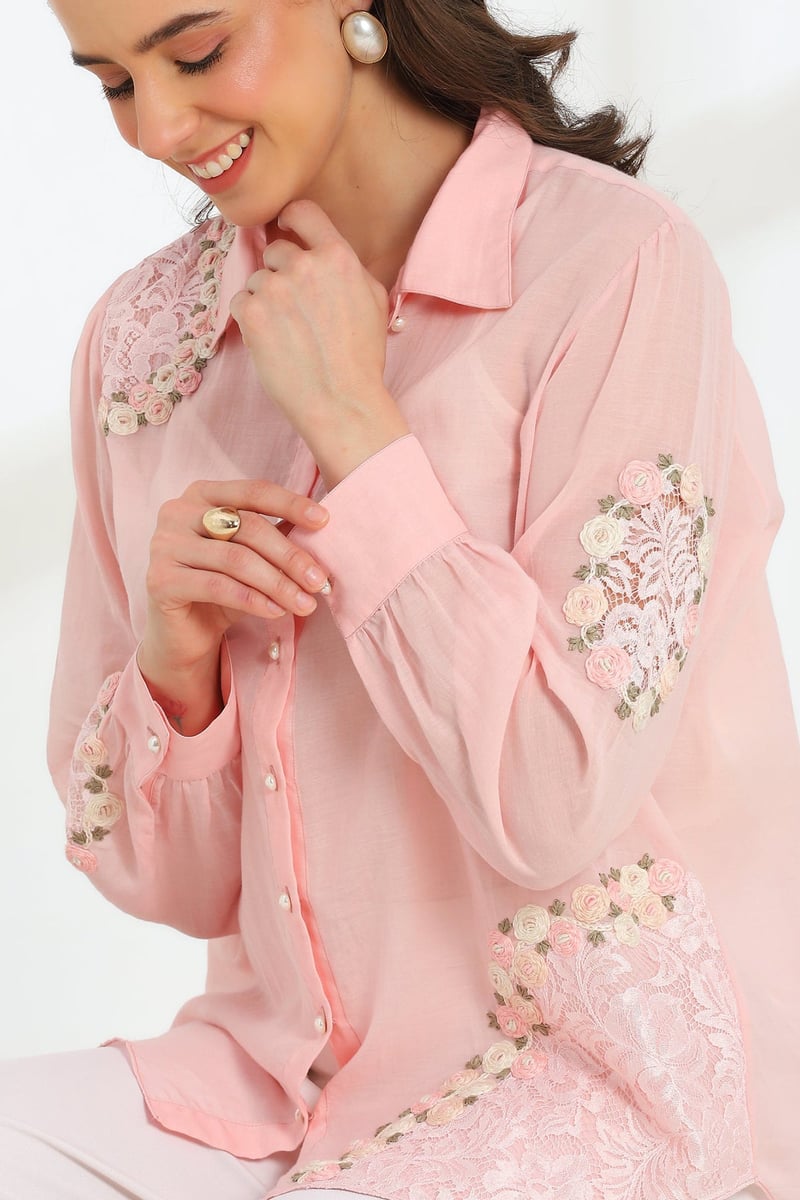 Blush Pink Sheer Mul Chanderi Shirt With Lace Detail