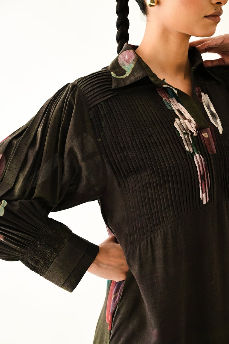 Brown Abstract Floral A-Line Midi Shirt Dress