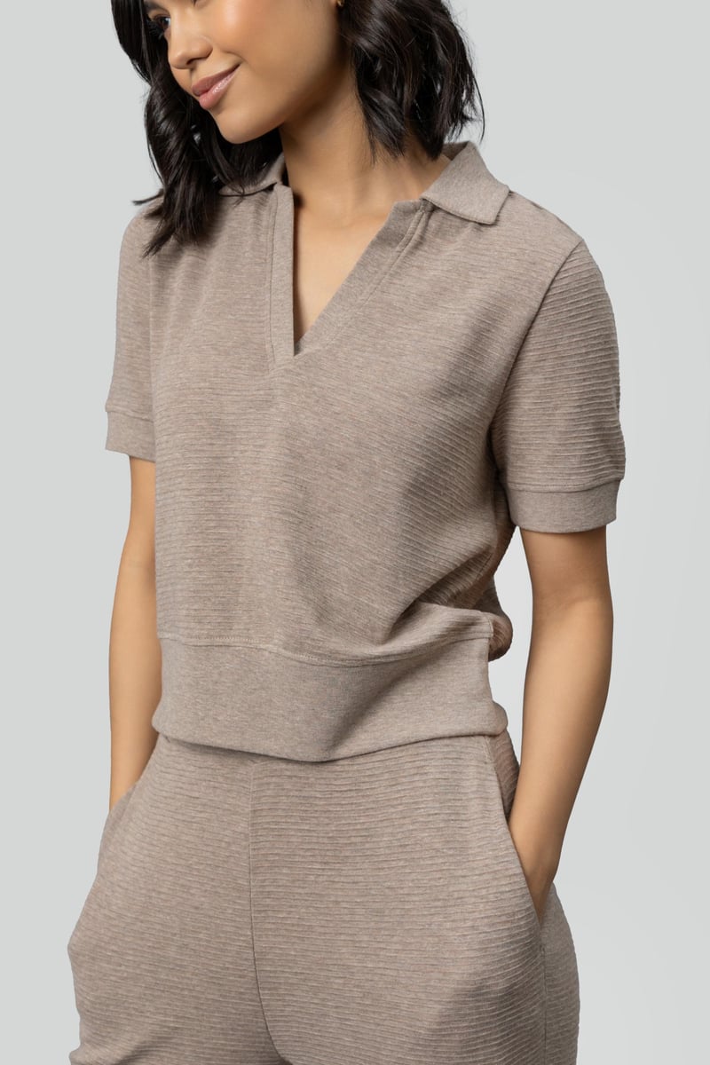 Beige Ottoman Rib Cropped Polo Top