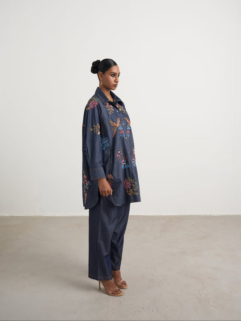 Blue Denim Embroidered Shirt and Wide-Leg Pants Co-ord Set