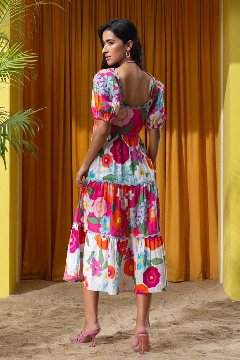 Pink Floral Tiered Midi Dress with Square Neck