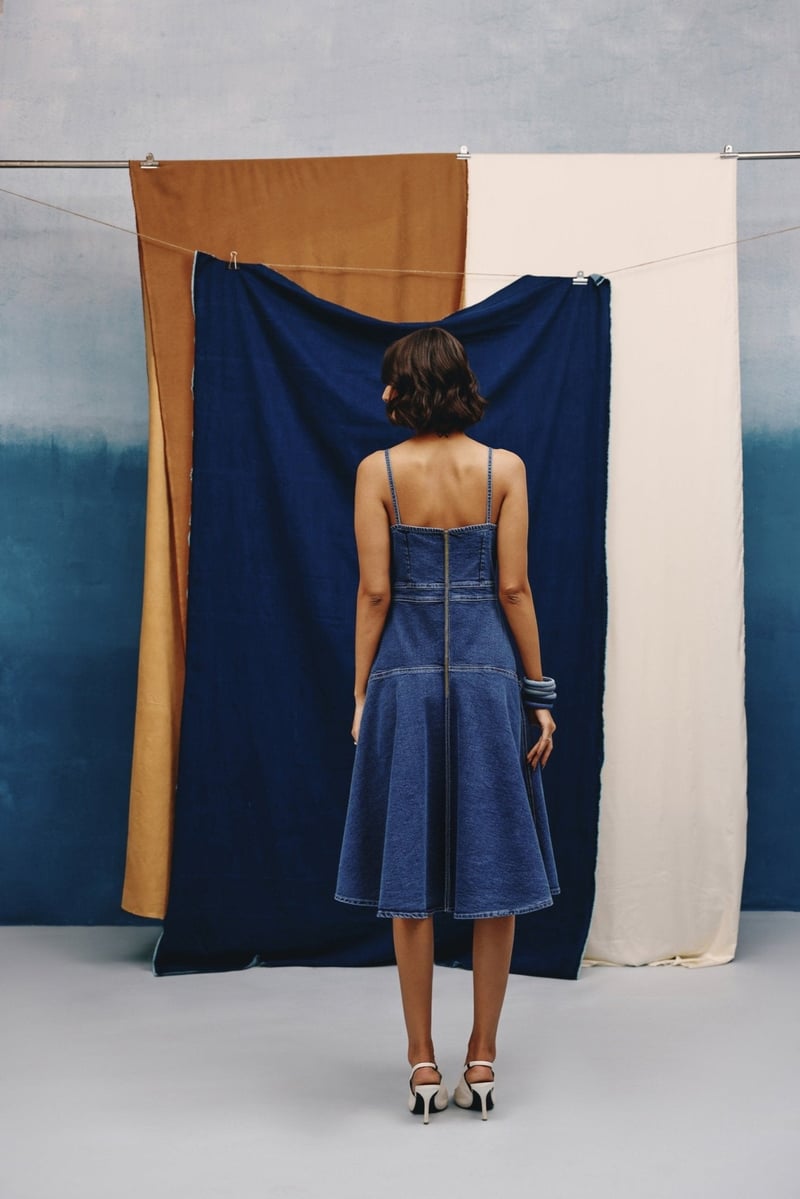 Mid Blue Denim Halter Neck Fit and Flare Midi Dress
