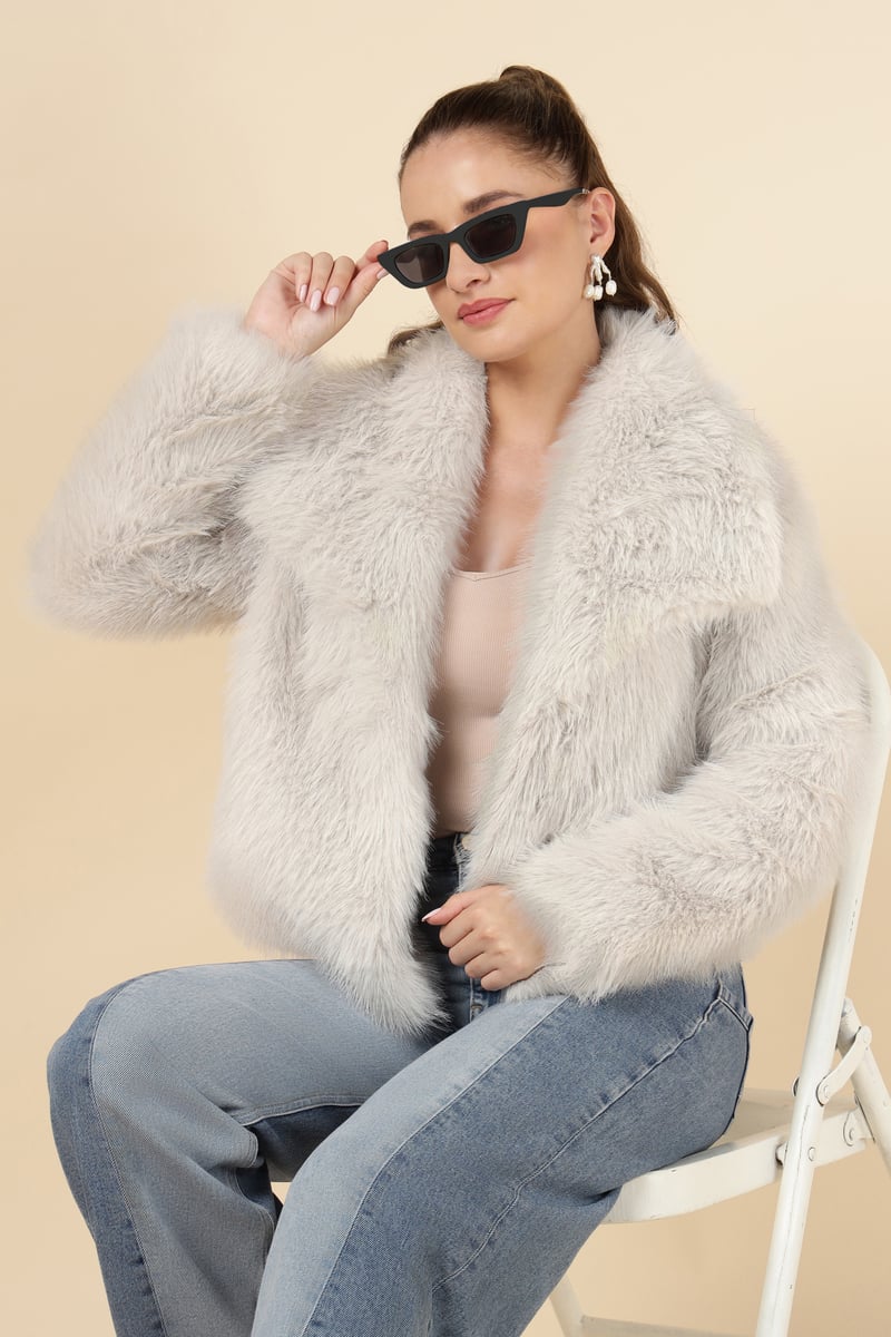 Beige Cropped Faux-Fur Jacket with Lapel Collar