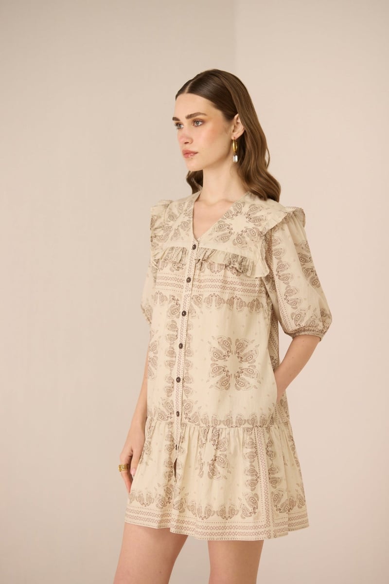 Paisley Brown Cotton A-Line Mini Dress with Ruffle Yoke