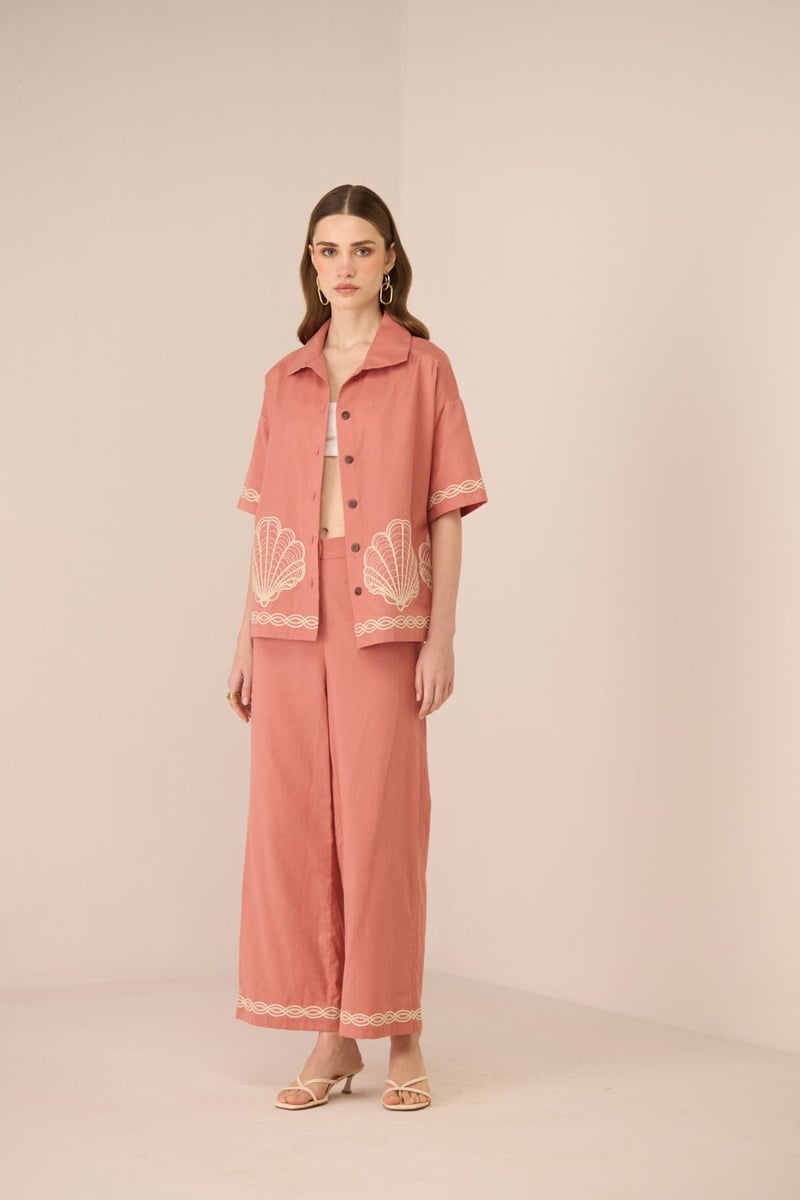 Coral Pink Cotton Linen Oversized Embroidered Shirt
