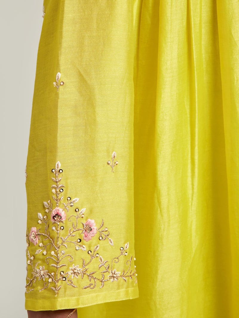 Lime Silk Chanderi Embroidered Yoke Kurta Set