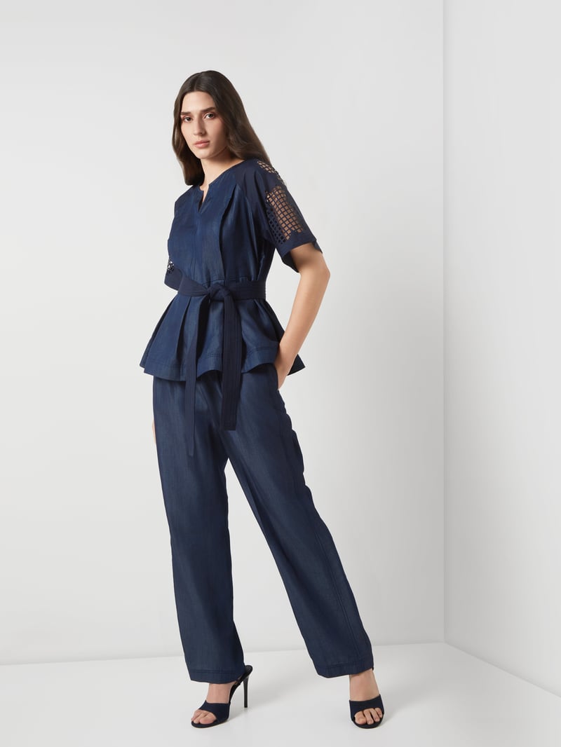 Navy Tencel Denim Peplum Top with Cutwork Sleeves