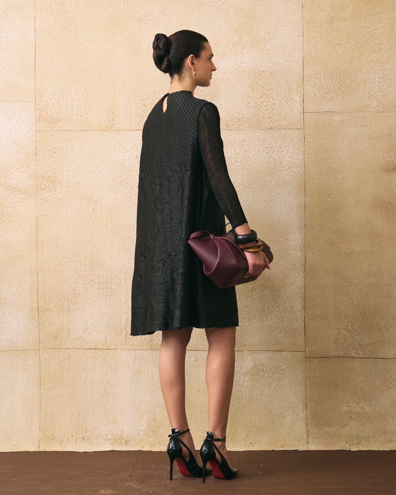 Black Textured A-Line Knee-Length Dress with Sheer Sleeves