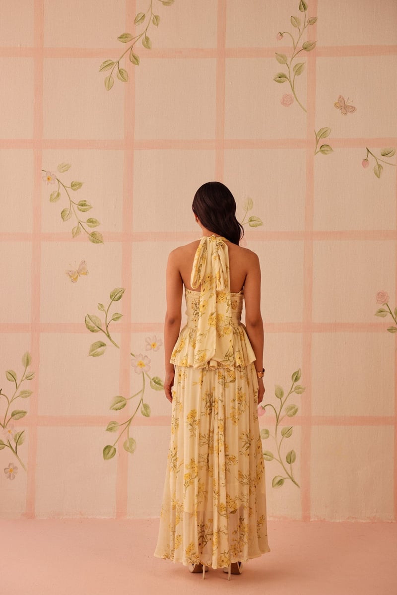 Butter Yellow Floral Print Chiffon Midi Skirt
