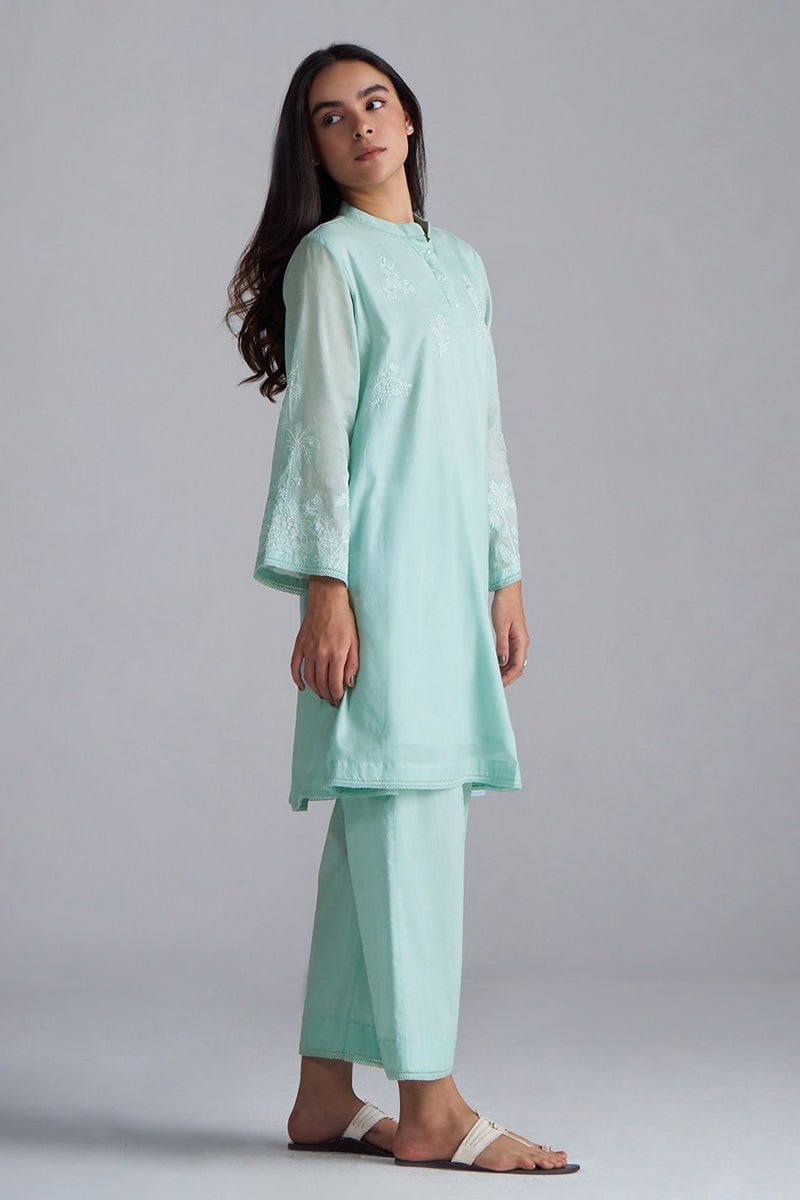 Dusky Aqua Mul-Mul Embroidered Kurta and Pant Co-ord Set