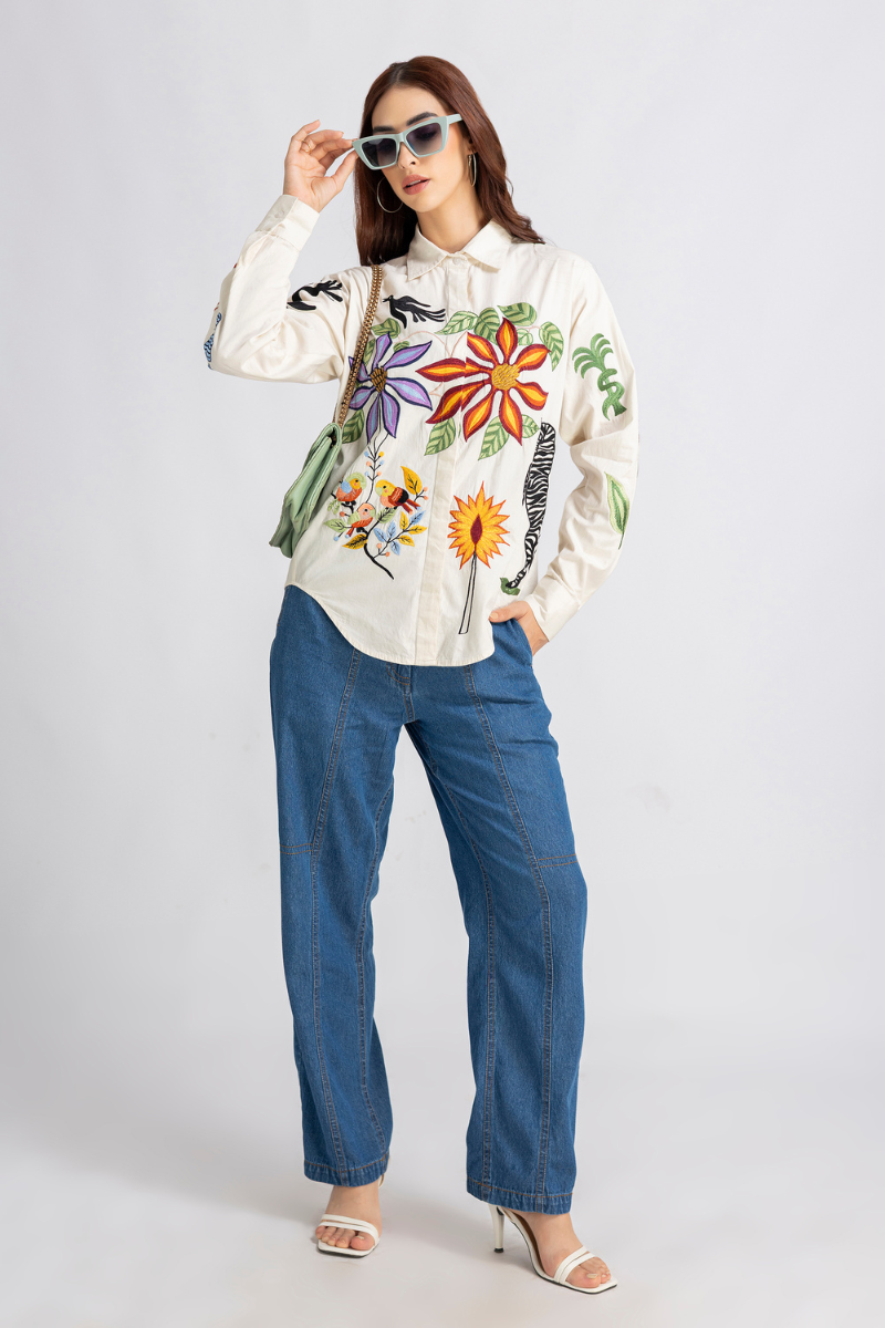 Beige Cotton Poplin Embroidered Button-Down Shirt