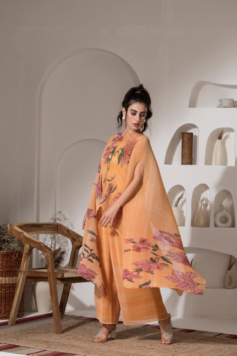 Yellow Floral Lurex Kaftan Kurta Set with Wide-Leg Pants