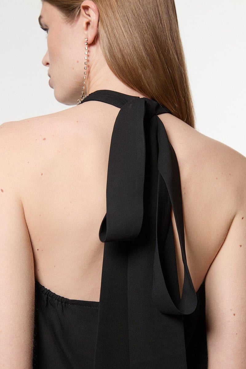 Black Embellished Halter Neck Tie-Back Blouse