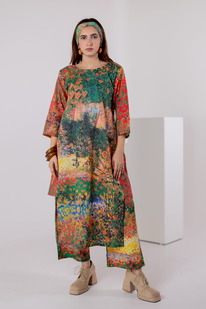 Multicolor Scenic Print Cambric Cotton Kurta Set