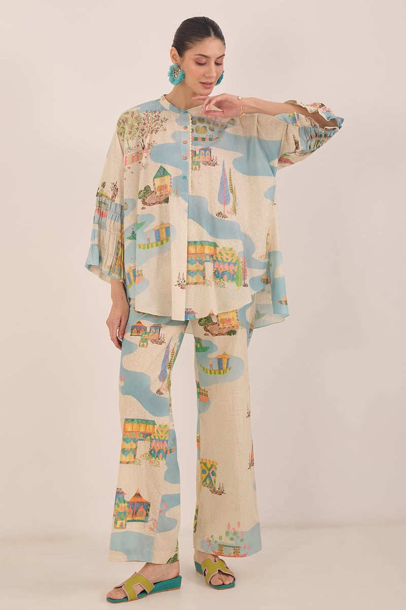 Cream Printed Tunic and Wide-Leg Pants Co-ord Set