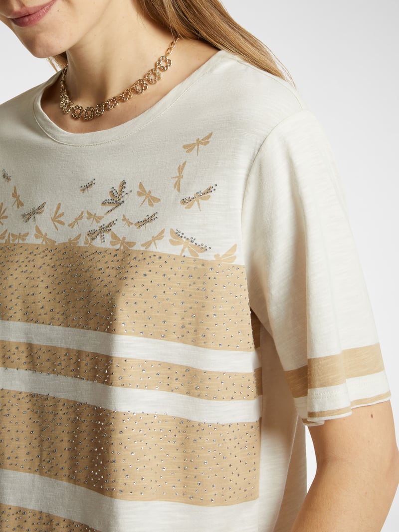 Beige Crew-Neck Striped T-Shirt with Subtle Embellishment
