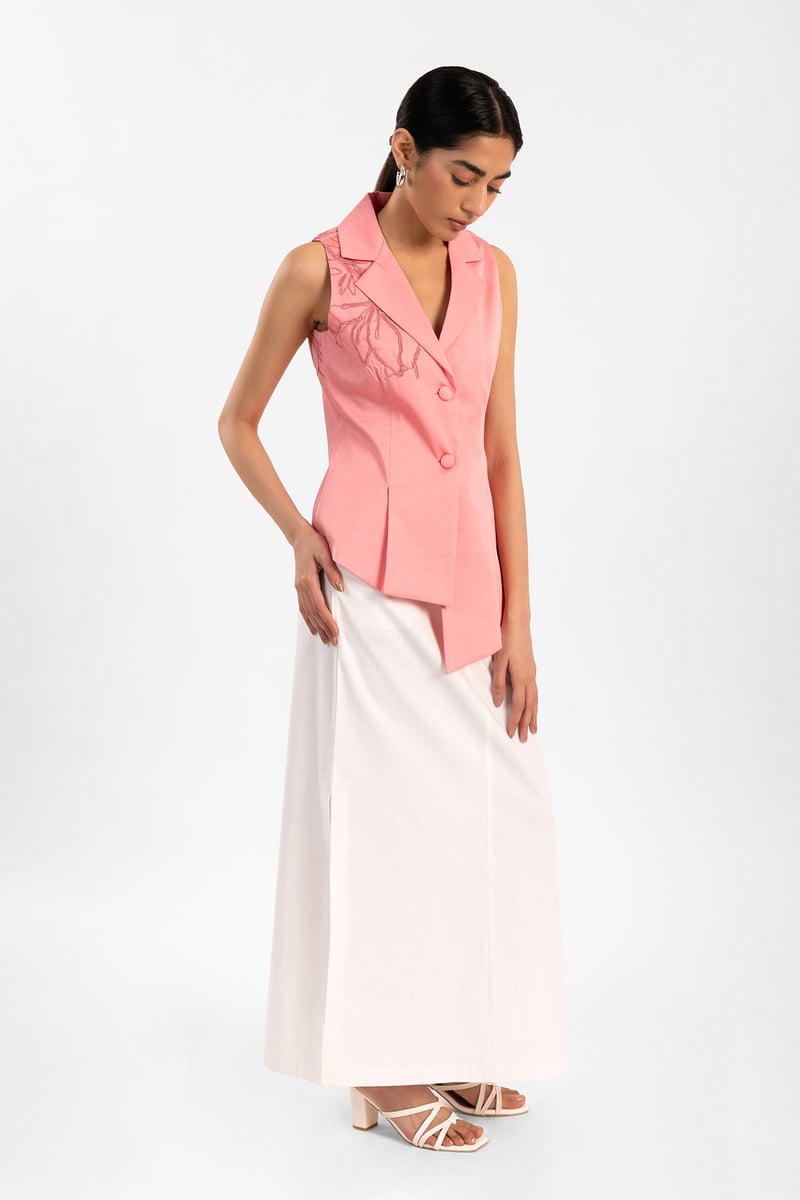 Pink Cotton Satin Embroidered Asymmetrical Waistcoat