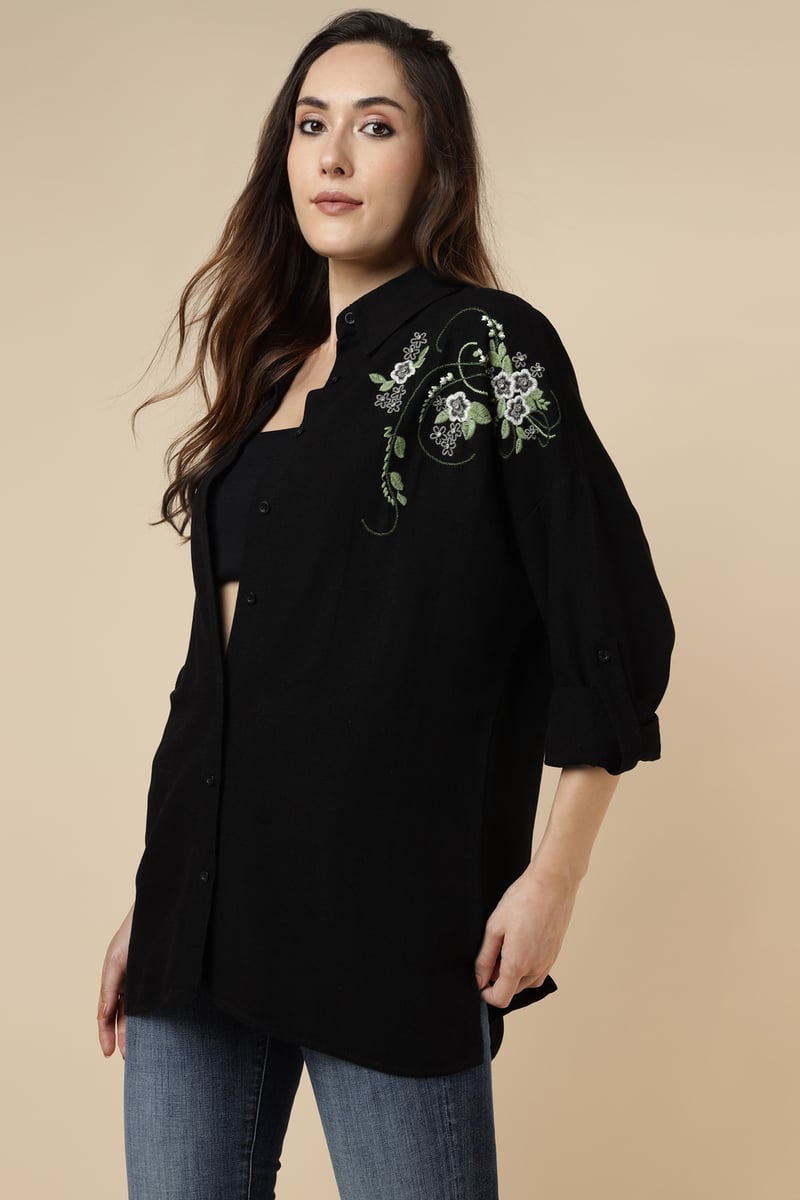 Black Button-Down Shirt with Floral Shoulder Embroidery