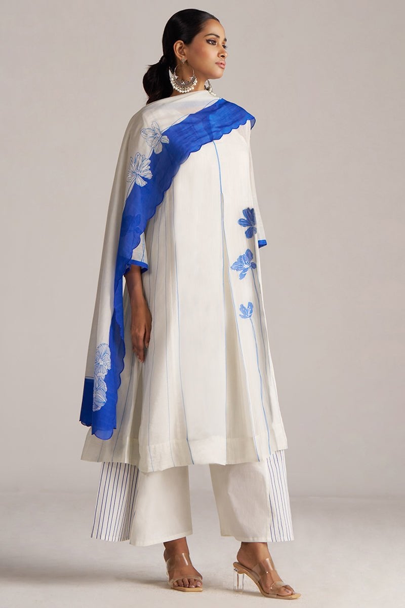 Ivory and Cobalt Printed A-Line Chanderi Kurta Set