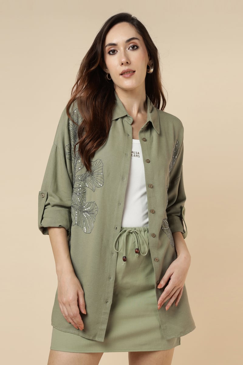 Green Longline Shirt with Sequin Foliage Motif — BURRASCA