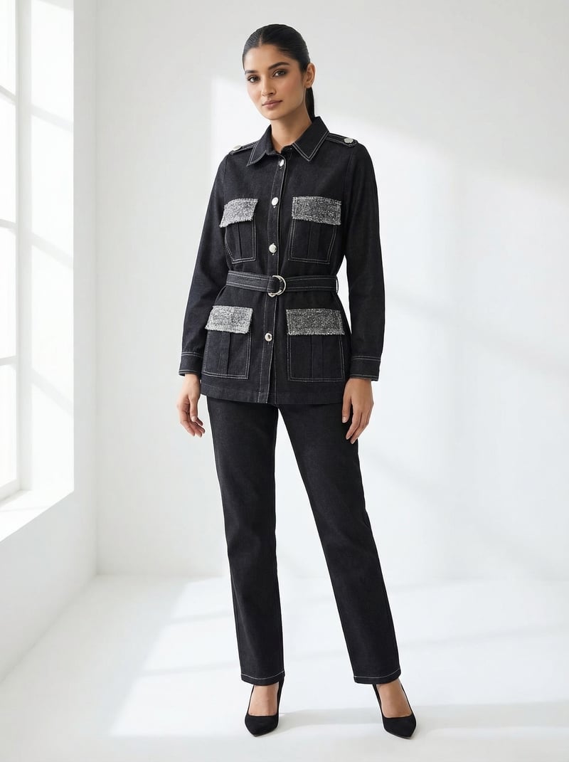 Black Denim Belted Shirt-Jacket and Pants Co-ord Set — BUMBLEBEE