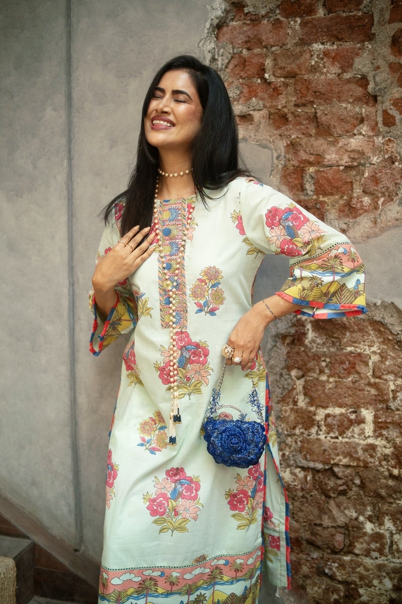 Cool Mint Tropical Print Straight Kurta Set with Pants