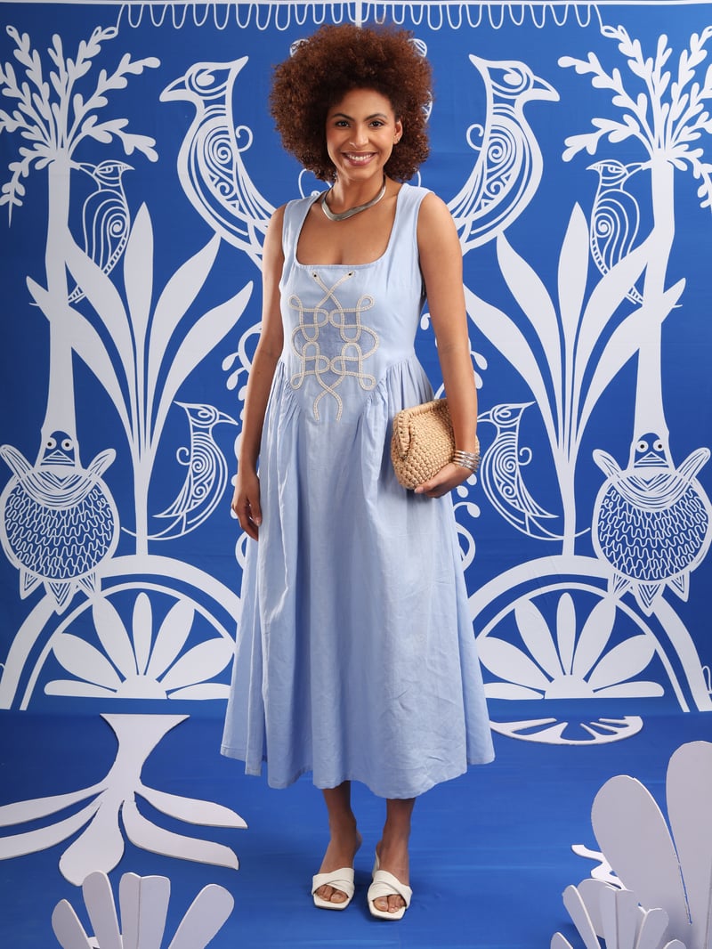 Ice Blue Square Neck Embroidered Fit and Flare Midi Dress