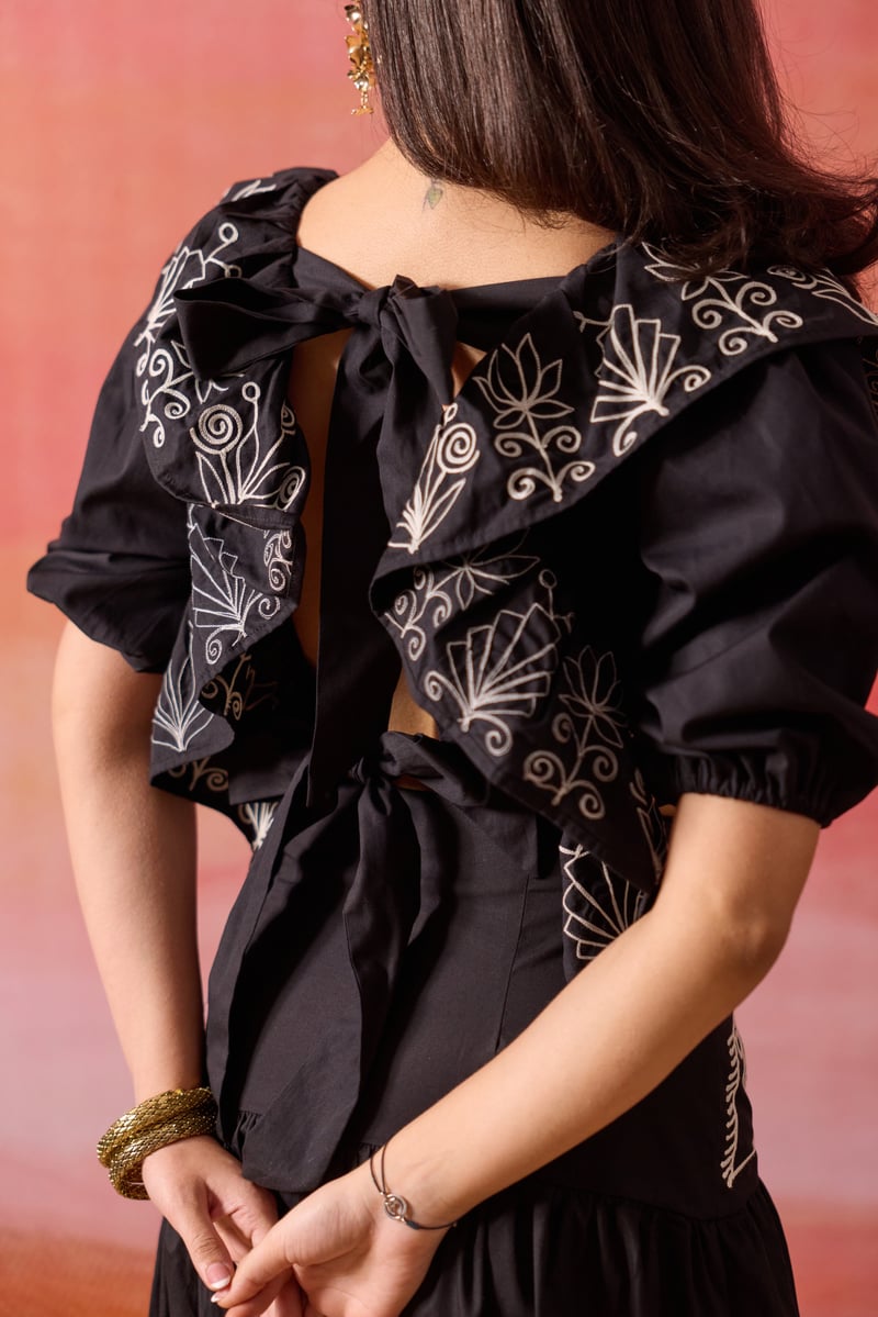 Black Embroidered Cropped Blouse and Midi Skirt Co-ord Set