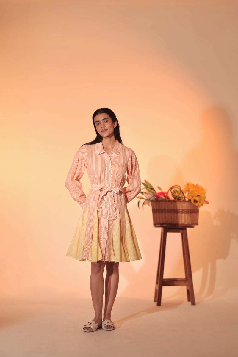 Pastel Checked Belted Shirt Dress with Lace Trim