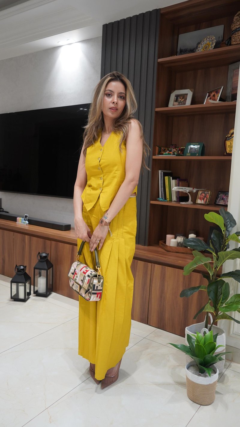 Mustard Waistcoat and Wide-Leg Pants Co-ord Set
