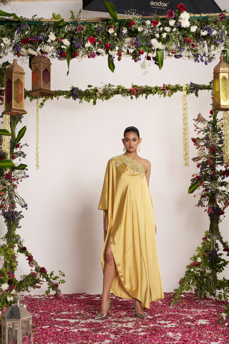Yellow One-Shoulder Satin Kaftan with Beaded Neckline
