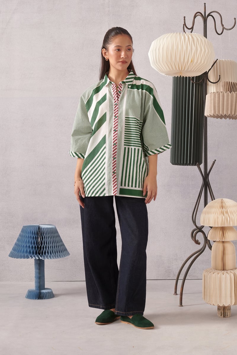 Green and White Striped Relaxed Cotton Shirt