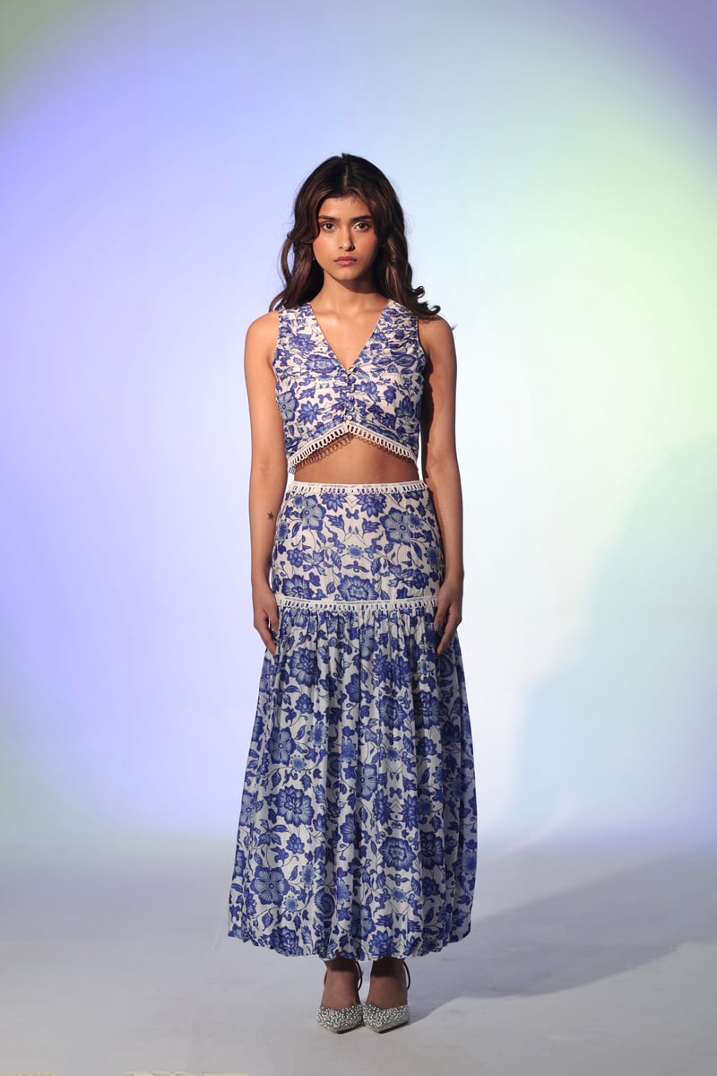 White/Blue Floral Crop Top and Maxi Skirt Co-ord Set