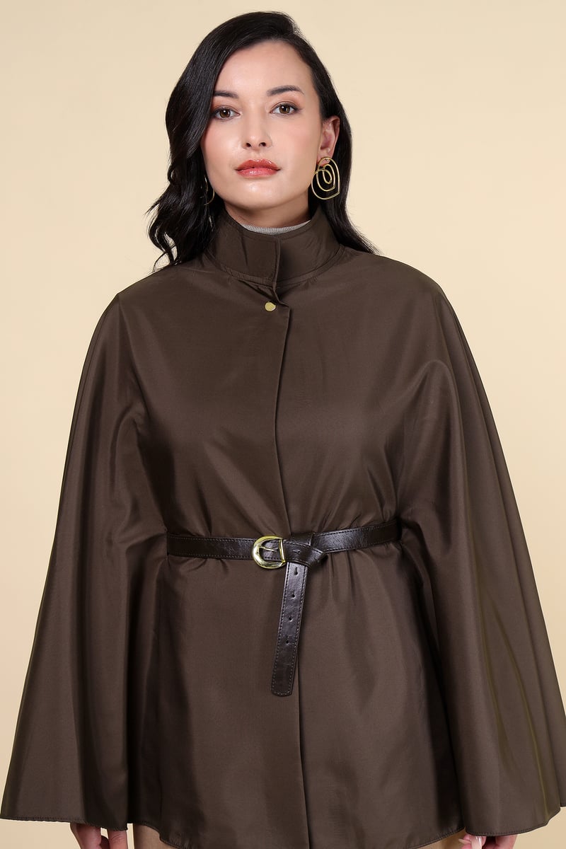 Bordo Brown High Neck Belted Cape-Sleeve Jacket