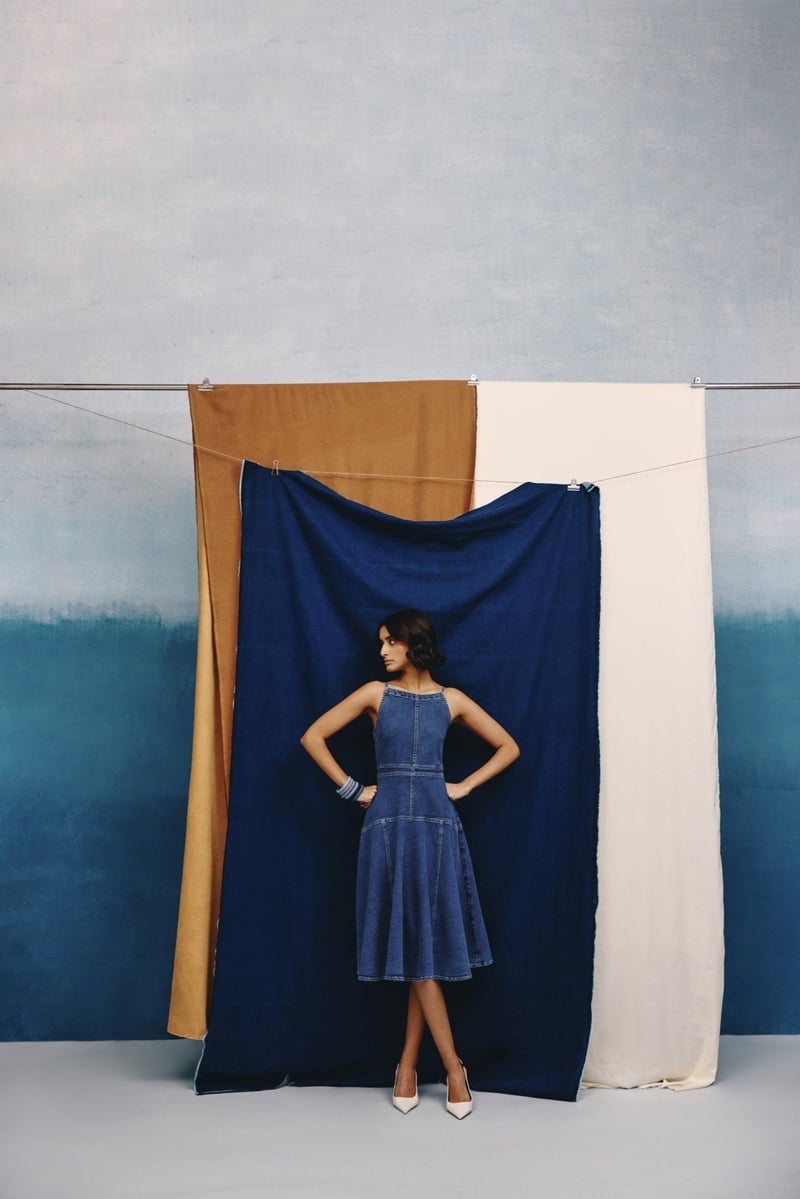 Mid Blue Denim Halter Neck Fit and Flare Midi Dress