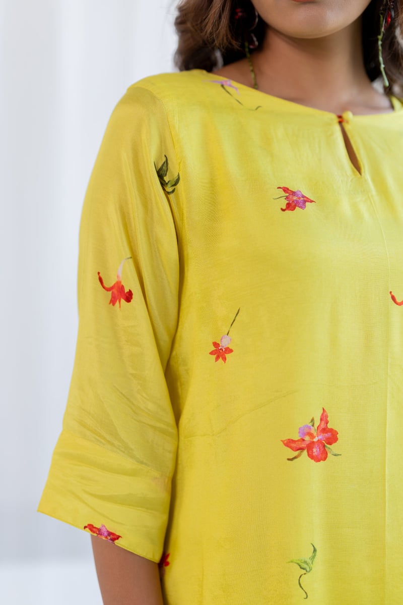 Lime Green Silk Voile Floral Printed Kurta Set with Pants