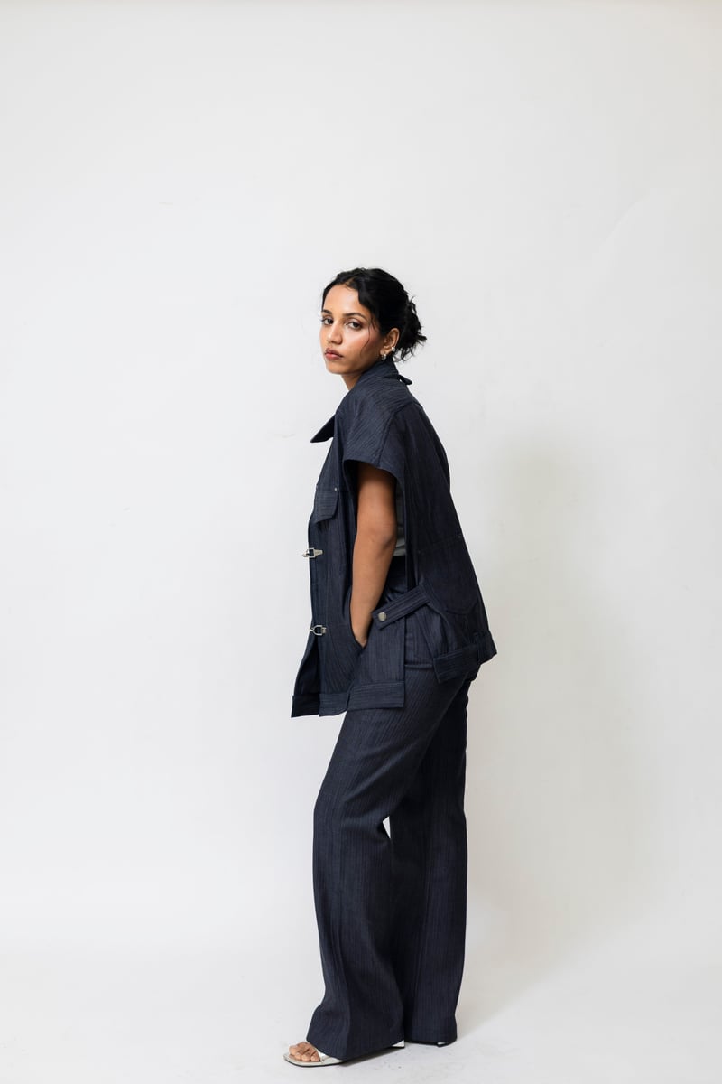 Navy Blue Oversized Herringbone Denim Utility Jacket
