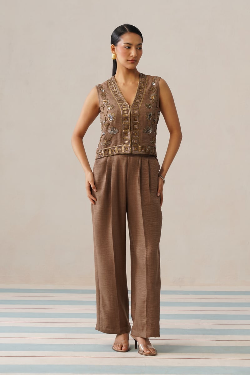 Siena Brown Embroidered Vest and Wide-Leg Co-ord Set — Armoire