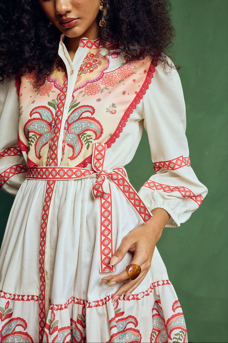 Ivory Printed Tiered Mini Dress with Belt