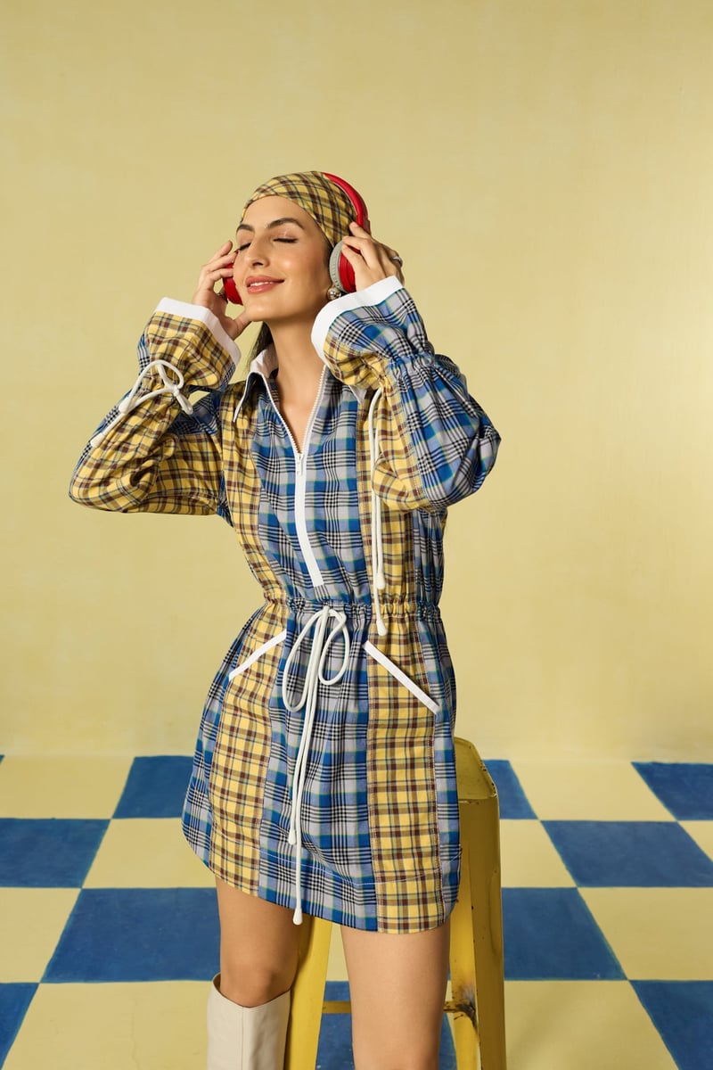Yellow and Blue Checked Mini Shirt Dress with Half Zip