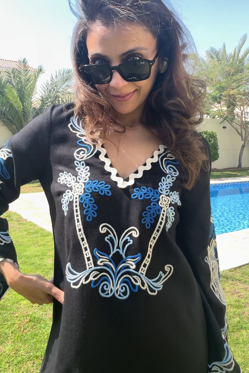 Black Linen Embroidered V-Neck Kaftan