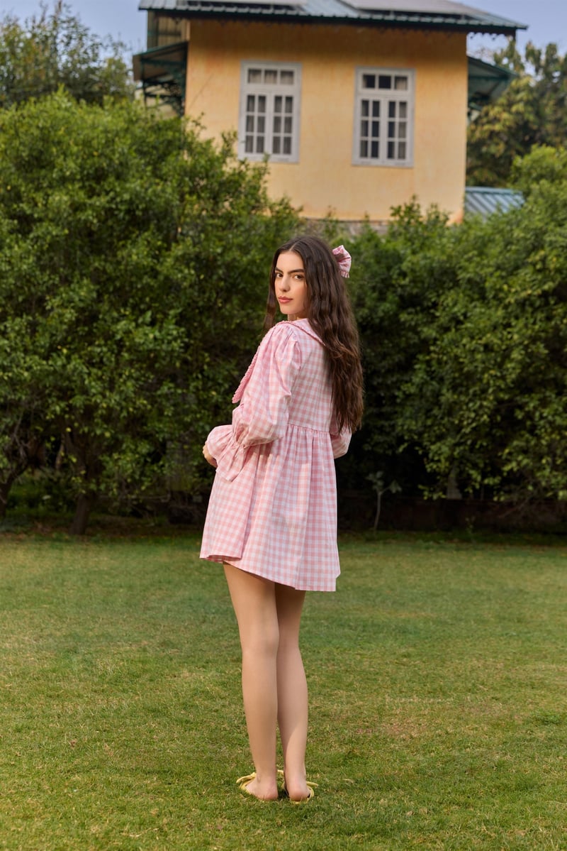 Pink Checked Fit and Flare Mini Dress with Peter Pan Collar