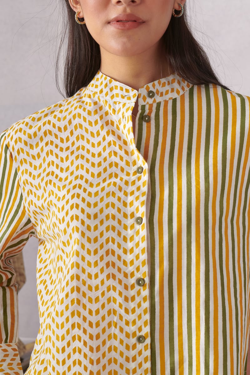 Multicolor Cotton Striped and Geometric Mandarin Collar Shirt