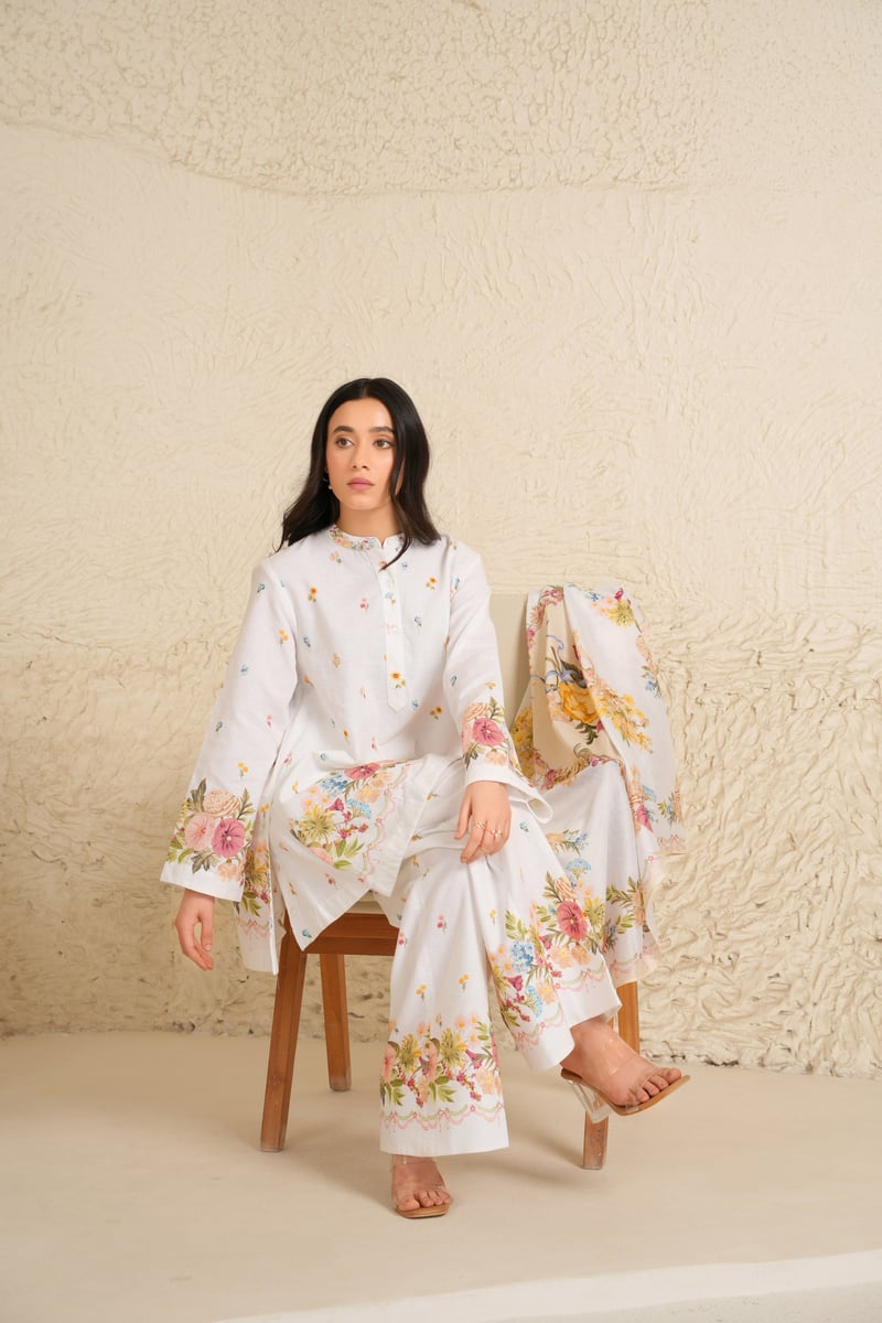 White Cotton Linen Floral Kurta and Trouser Set