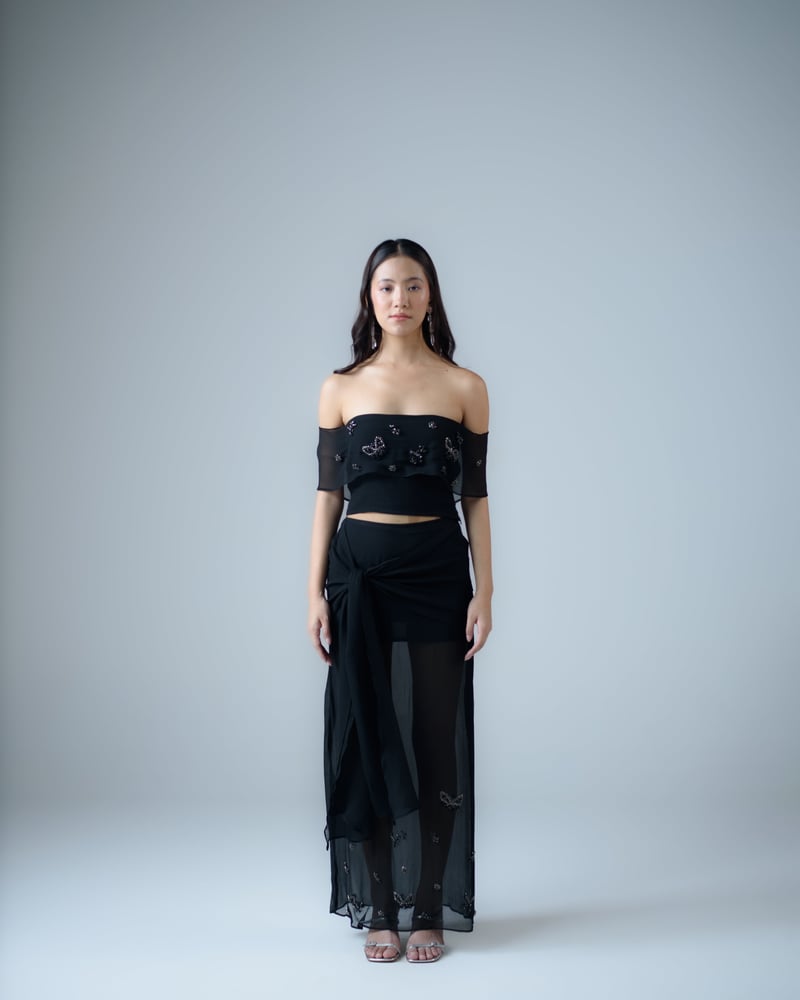 Black Silk Chiffon Embellished Maxi Skirt
