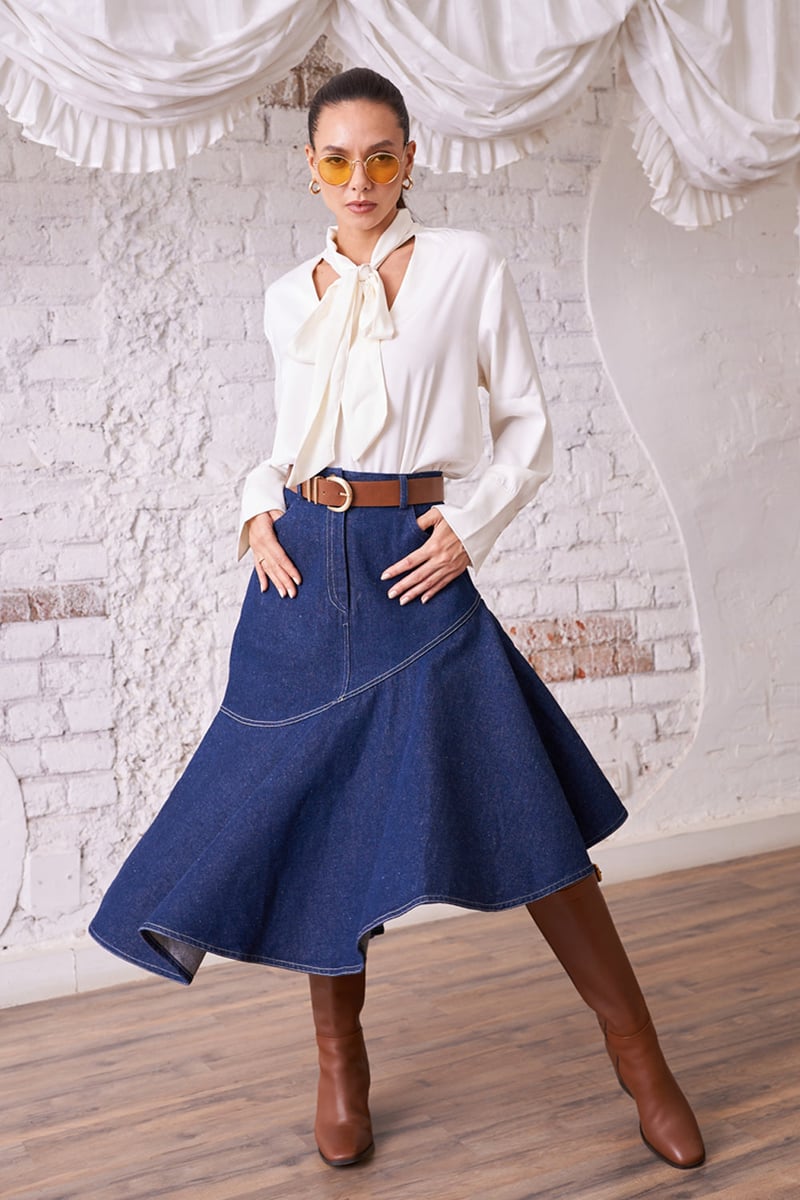 Dark Blue Denim A-Line Midi Skirt with Diagonal Ruffle Hem